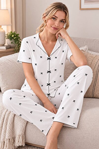 Arvin Pijama Kadın Renkli Baskılı Milan Fiyonklu Kısa Kollu Pijama Takımı