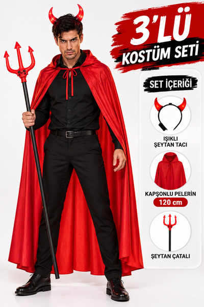 Parti dolabı 3 Parça Halloween Şeytan Kostüm Set: Işıklı Boynuz Tac , Kırmızı...