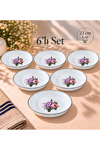 emaye market 6 LI SET Emaye Muhallebi Tabak 22 Cm Desenli Yemek Kahvaltı Taba...