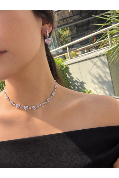 Lisse.co Özel Koleksiyon Arina Asansörlü Pembe Kalp Choker Kolye
