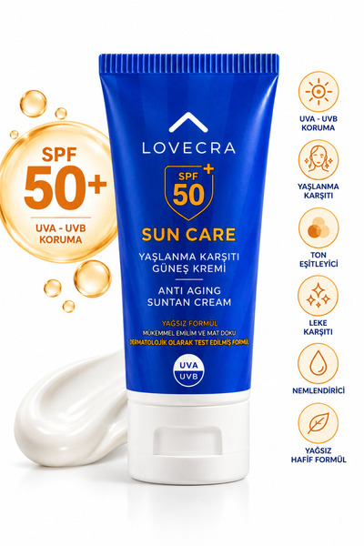LOVECRA GÜNEŞ KREMİ SPF 50+ Yüksek UVA/UVB Koruma Yağsız Yaşlanma ve Leke Kar...