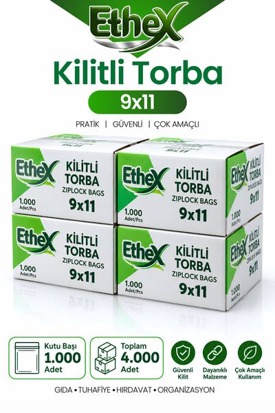 Ethex Kırmızı Şeritli Kilitli Torba 9x11 cm 4000 Adet (4 Kutu) - Gıda Uyumlu,...
