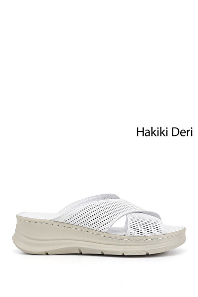 GÖNDERİ(R) Kadın Beyaz Dolgu Taban Hakiki Deri Terlik