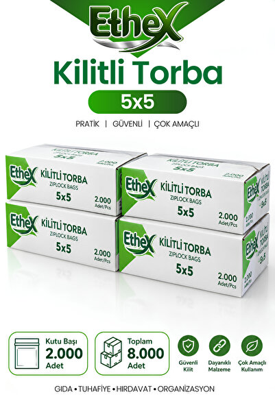 Ethex Kırmızı Şeritli Kilitli Torba 5x5 cm 8000 Adet (4 Kutu) - Gıda Uyumlu, ...