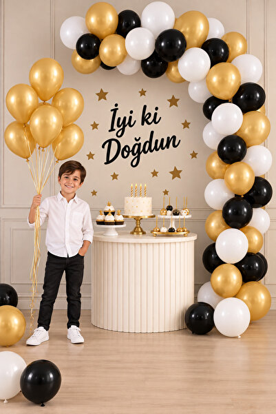 Parti dolabı Black White Gold Chrome Confetti Balloon Chain Set
