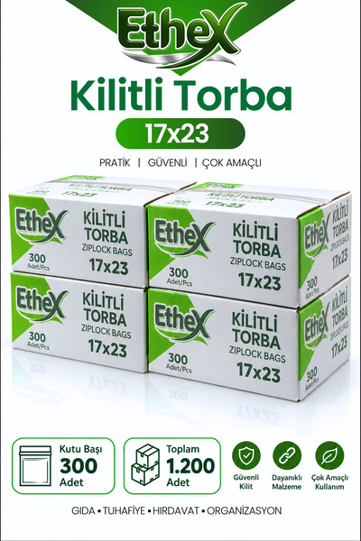 Ethex Kırmızı Şeritli Kilitli Torba 17x23 cm 1200 Adet (4 Kutu) - Gıda Uyumlu...