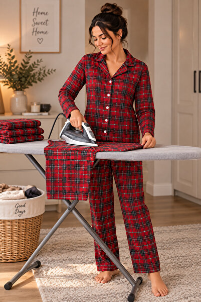 trendlina Set pijamale Milan din bumbac, cu nasturi, cu model în carouri