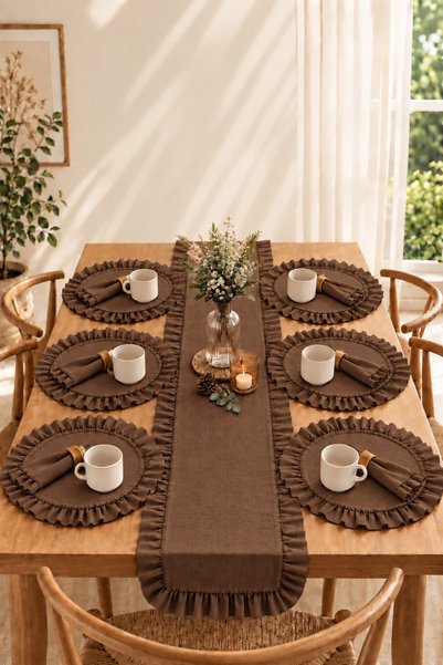 KaiHome Ruffle Detailed Linen 50 X 150 Runner & Placemat Set – 7 Piece Dowry Collection 6 American Service Pieces 1 Runner