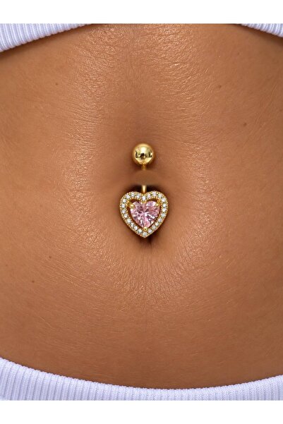 Arescollection Pembe taşlı kalpli gold renk çelik göbek piercingi