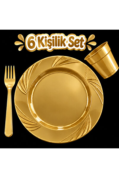 partideyince PLASTİK SERT MİKA TABAK ÇATAL BARDAK GOLD RENK 6 KİŞİLİK SET