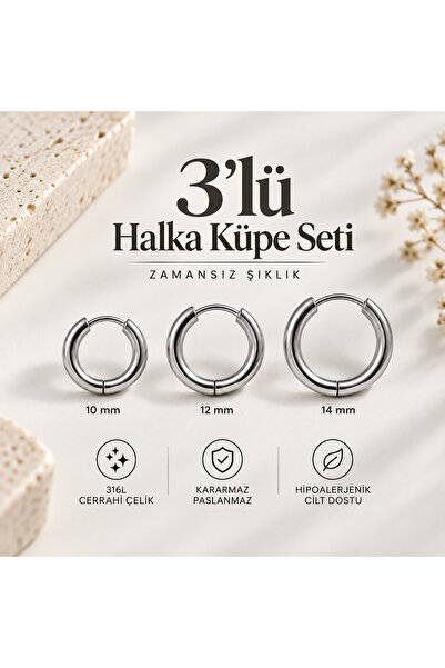 Heppii Surgical Steel Straight Earrings Set 3 Pieces Silver