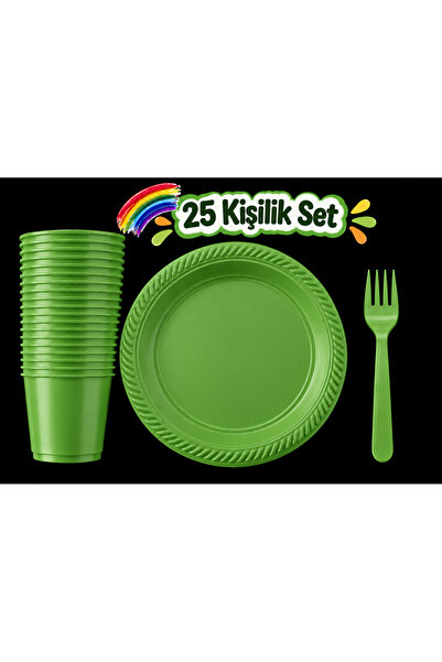 partideyince PLASTİK SERT TABAK BARDAK ÇATAL YEŞİL RENK 25 KİŞİLİK SET piknik...
