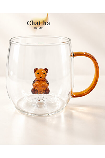 ChaCha Home Ayıcık Figürlü Borosilikat Cam Kupa 350 ml Amber Kulplu
