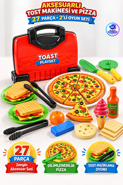YILDIRIM OYUNCAK 25 cm Tost Makinesi ve Pizza Aksesuarlı 2'li Set Evcilik Mut...