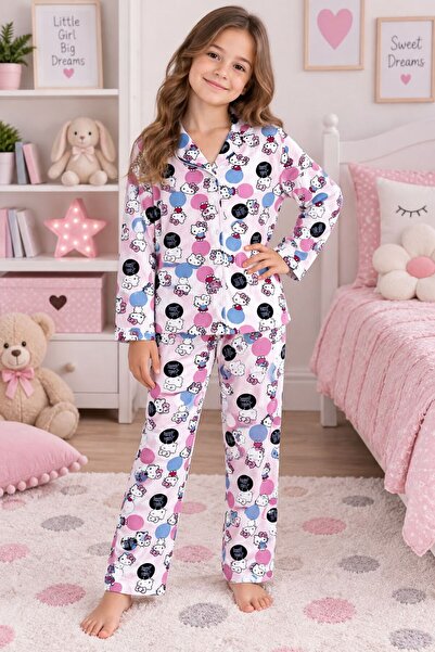 tusem butik homewear Kız Çocuk Pamuklu Süet Kumaş Pembe Hello Kitty Desenli G...