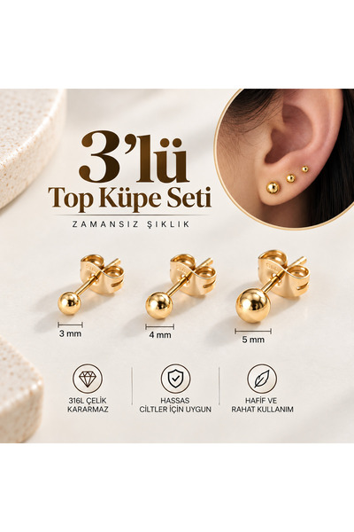 Heppii Cerrahi Çelik Top Küpe Seti Gold 3 Parça