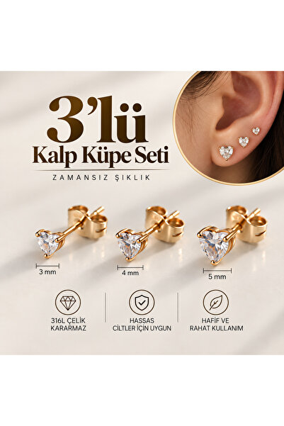 Heppii Tektaş Kalp Küpe Seti 3 Parça