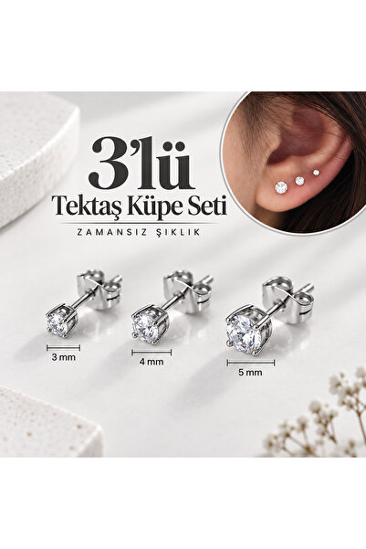 Heppii Surgical Steel Solitaire Earrings Set 3 Pieces Silver Color