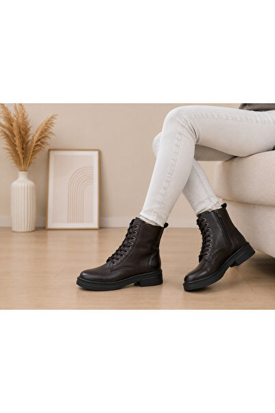MİLOS Footwear Kadın Kahverengi Cilt Bağcık Ve Fermuarlı Postal Bot