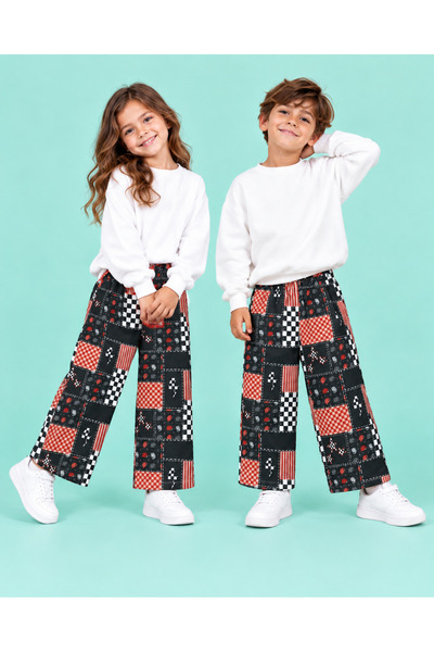 Çocuk %100 Pamuklu Siyah Kırmızı Yarış Desenli Patchwork Bol Kesim (Baggy) Pantolon