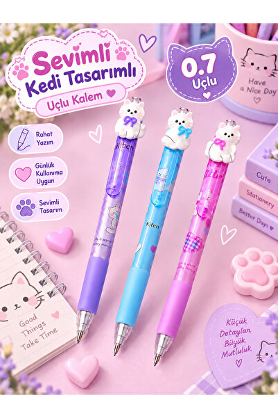 ÖZ OFİS Sevimli Kedi Temalı 0.7 Kaliteli Charmlı Uçlu Kalem - Yeni Sezon Tatl...