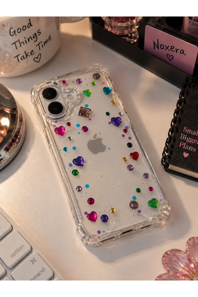 iPhone 16 Taşlı Renkli kalpler sabit taş Telefon kılıfı