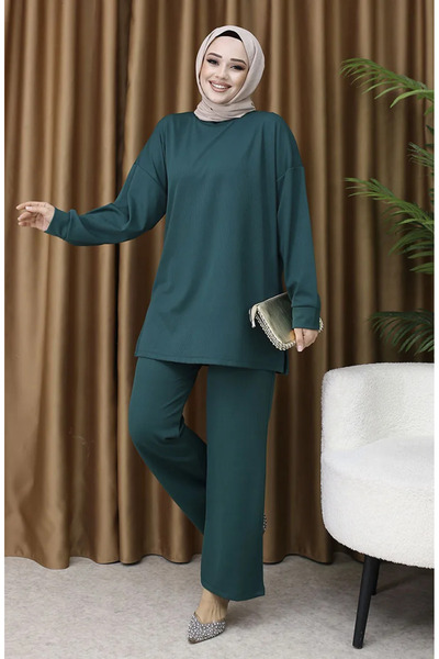 sefamerve Corded Fabric tunic pants double set 5570-04 emerald green