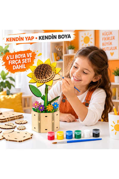 TOTTERİQ 3D Wooden Sunflower Puzzle Model – Decorative Flower Pot, Paintable Hobby School Daycare Kindergarten Activity
