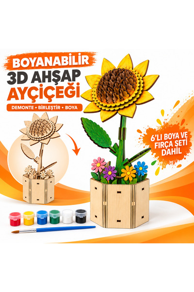 TOTTERİQ 3D Ahşap Ayçiçeği Puzzle Maket – Dekoratif Çiçek Saksısı, Boyanabili...