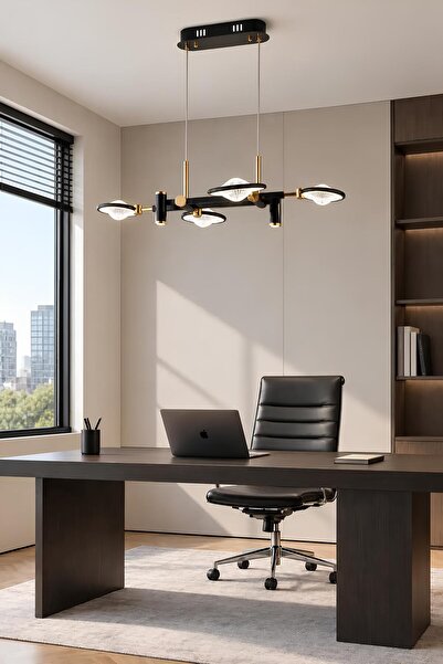 Elvora Home Modern (PREMIUM) Siyah Gold LEDli Avize 4 Kollu Sarkıt Salon Odas...
