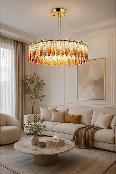 Elvora Home Modern (PREMIUM) Kuş Tüyü Gold Sarkıt Avize 3 Renk LED Salon Yeme...