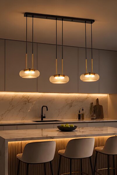 Elvora Home LED Sarkıt Avize 54W 3 Renk Modern Avize Gold Detaylı Mutfak Adas...