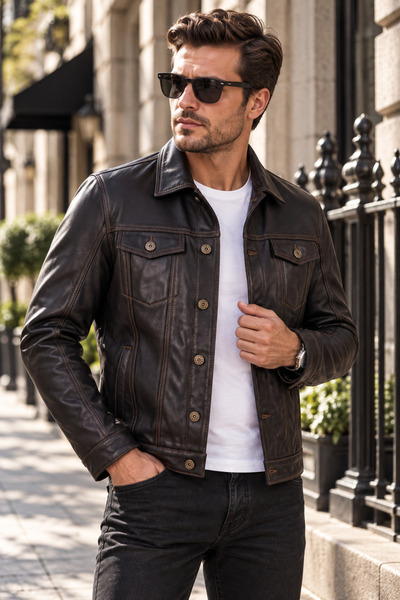 DERİJE Sanchez Hakiki Deri Erkek Siyah Kot Model Mont