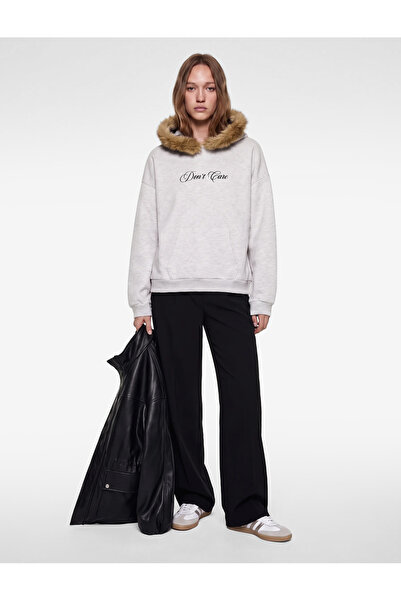 Koton Printed Shawl Collar Faux Fur Hooded Sweatshirt with Kangaroo Pockets