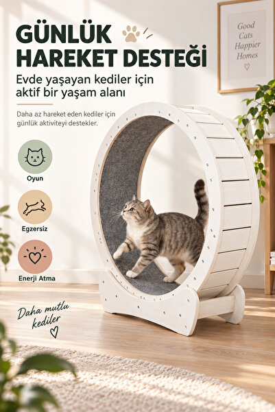80 cm Kedi Koşu Tekerleği Ahşap Egzersiz Çarkı Ev Tipi Beyaz
