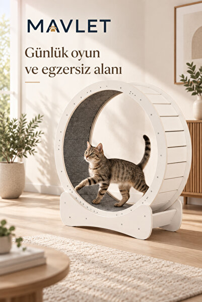 MAVLET Kedi Koşu Tekerleği 80 cm Büyük Boy Ahşap Egzersiz Çarkı Beyaz