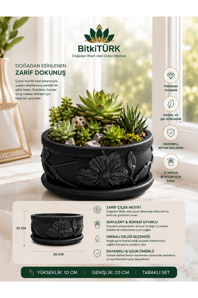 BitkiTÜRK Çiçek Motifli Beton Saksı ve Altlık Seti 20 cm – Banyo Organizeri, ...