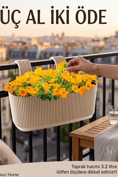 TEMMUZ HOME Pera Askılı Saksı 3,2 Litre 29cm Plastik Bahçe Balkon Çit Küpeşte...