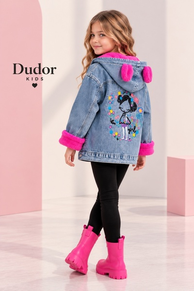 DUDOR KİDS Kız Çocuk Mevsimlik Kapşonlu Kot Mont