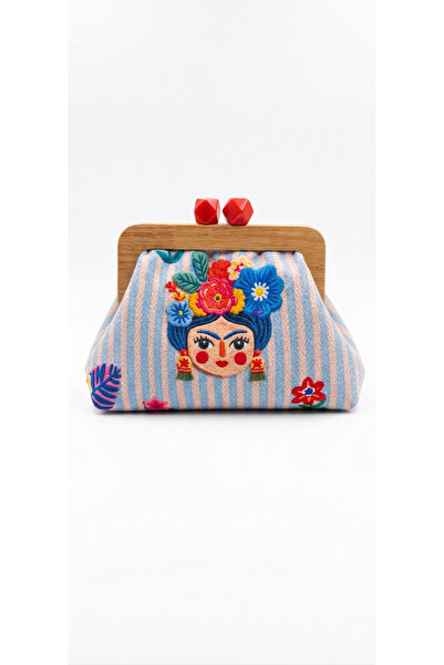 handedizayn Ahşap Burslu Mavi Frida Kalo Desenli Kadın Clutch El Çantası