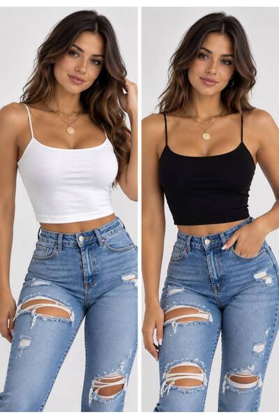 İpeqCollection Askılı Crop Penye Bluz & Atlet 2’li Set A Kalite Set