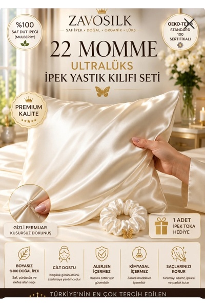 ZAVO Zavosilk %100 Saf İpek Yastık Kılıfı Ve Toka Seti 22 Momme Organik Kırık...