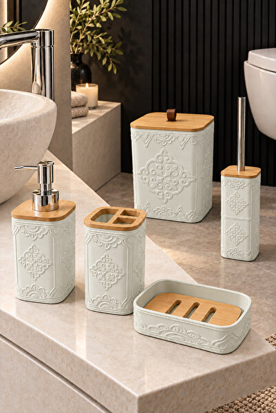 MAKRİ HOME Doğal Bambu Detaylı 5 Parça Banyo Seti, Adaçayı Yeşili, 8 litre, 2...