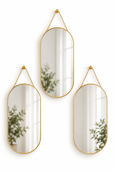 MAKRİ HOME 3’lü Dekoratif Çift Oval Duvar Aynası Seti Ahşap Arkalı Askılı 40x...
