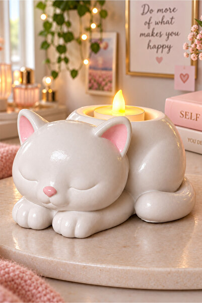 PinkyDuck Kedi Figürlü Dekoratif Mumluk – LED Mum, Hediye
