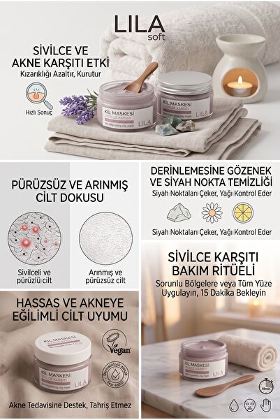 Lila Soft Saf Kil Akne Ve Siyah Nokta Karşıtı , Gözenek Sıkılaştırıcı Kil Maskesi 100 Ml