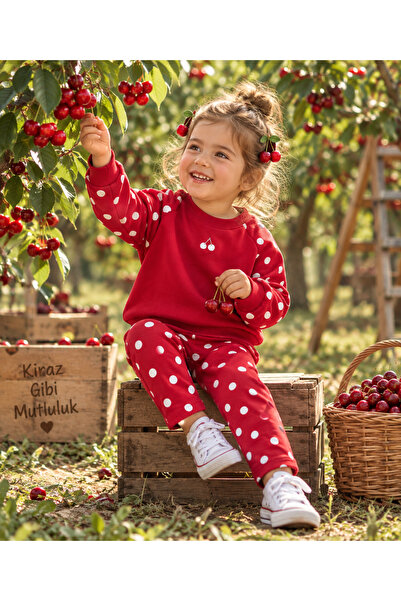 AduraKids Kız Çocuk Pamuklu Bordo Puantiye Desenli Sweatshirt Tayt Alt-Üst Takım