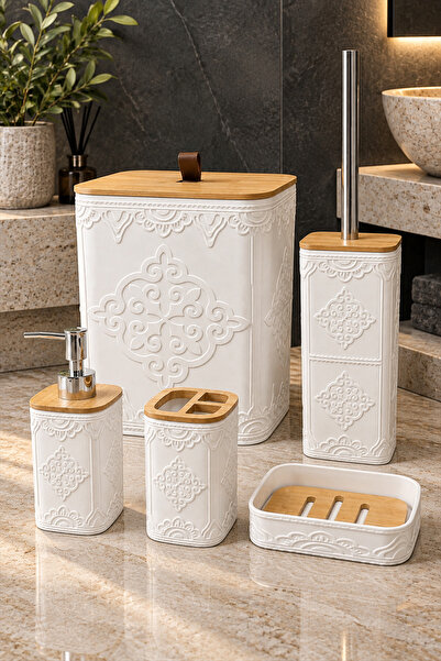 MAKRİ HOME Doğal Bambu Detaylı 5 Parça Banyo Seti, Beyaz, 8 litre, 21 x 19 x ...