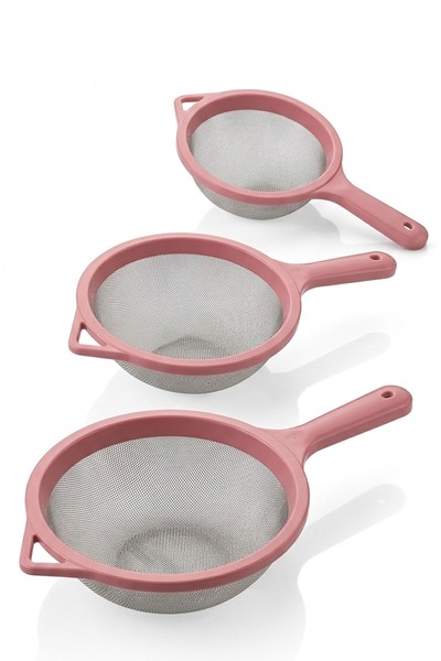 MAKRİ HOME 3’lü Paslanmaz Çelik Tel Süzgeç Seti 12-16-20 cm Pembe Mutfak Süzgeci