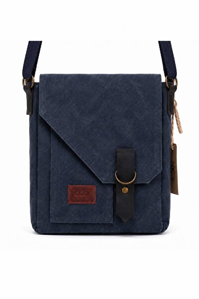 OLD COTTON BAGS Unisex Lacivert Kanvas Omuz Çantası – Kapaklı, Cepli Günlük P...